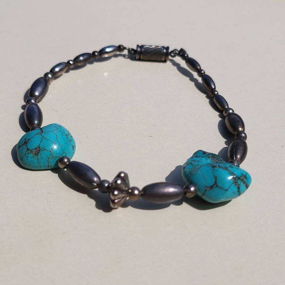 Vintage Turquoise Sterling Silver Melon Bead Bracelet Blue Southwestern - Picture 7 of 10